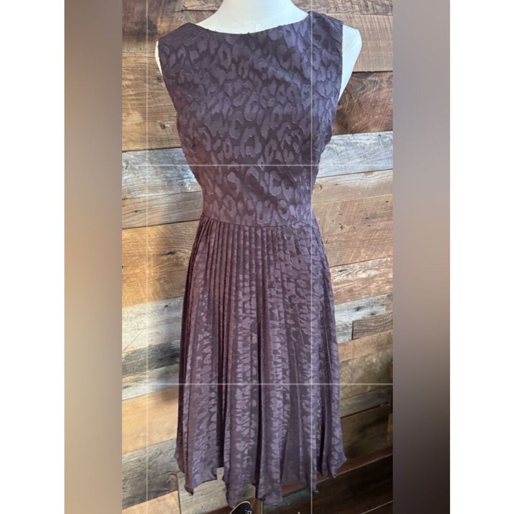 Adrianna Papell Deep Plum Leopard Print Pleated Sleeveless Burnout Midi Dress 10
